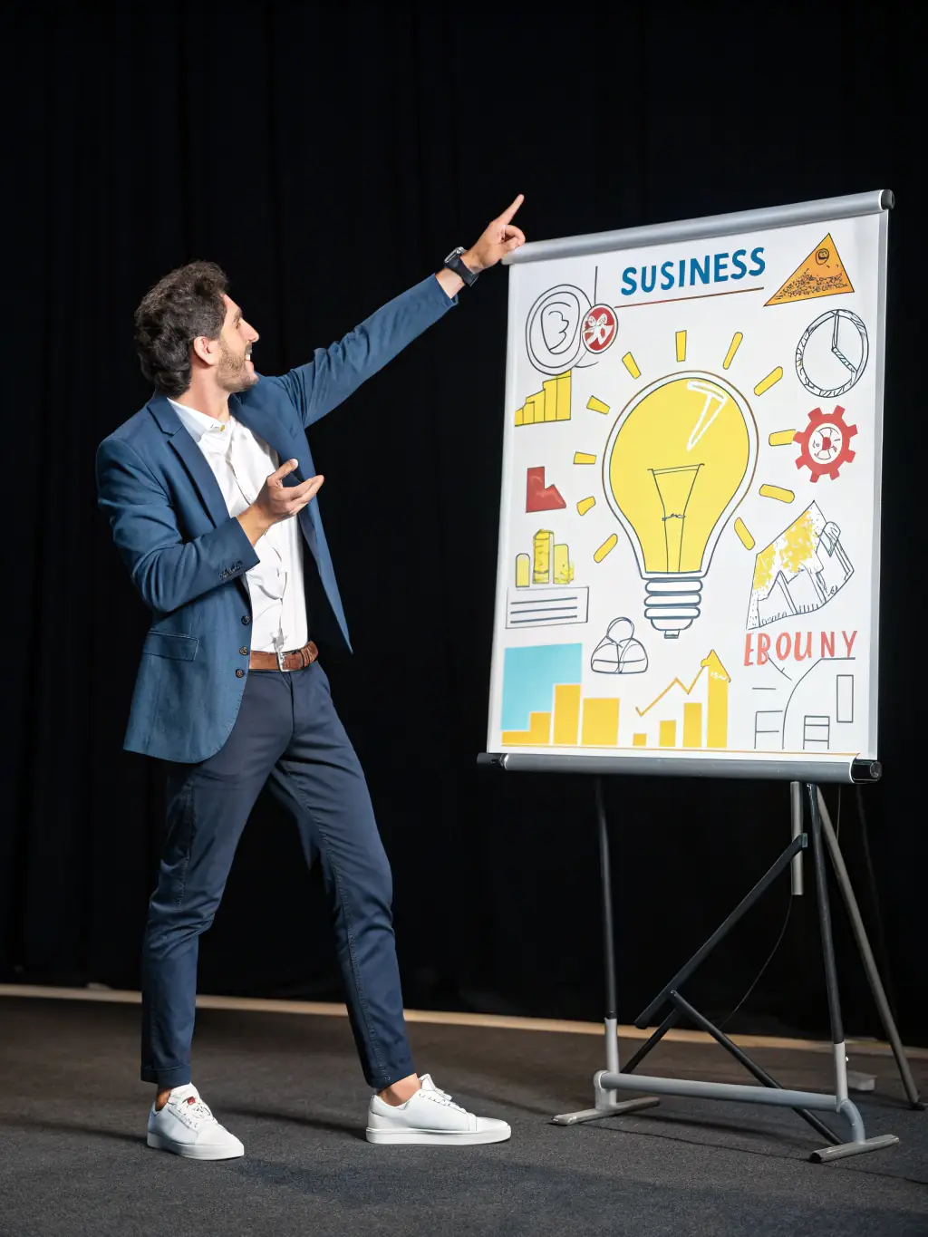 A close-up shot of a keynote speaker delivering a compelling presentation on investment strategies, with dynamic visuals and engaging body language, capturing the essence of expert insights.