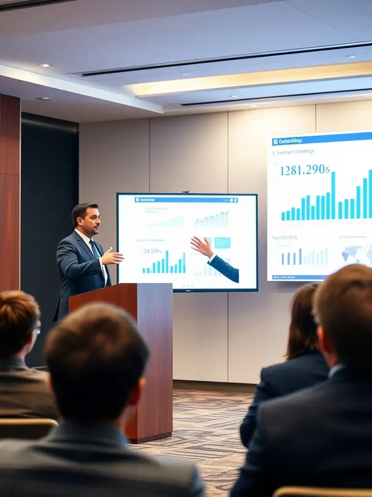 A keynote speaker delivering a compelling presentation on investment strategies at the online business summit.